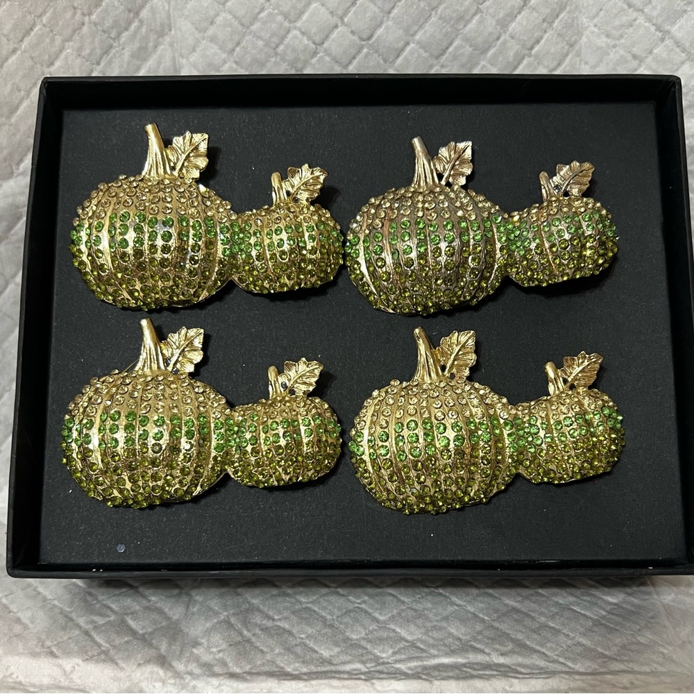 Tahar Fall Harvest Napkin Rings Set Of 4 Green Gold Rhinestone Pumpkins Formal